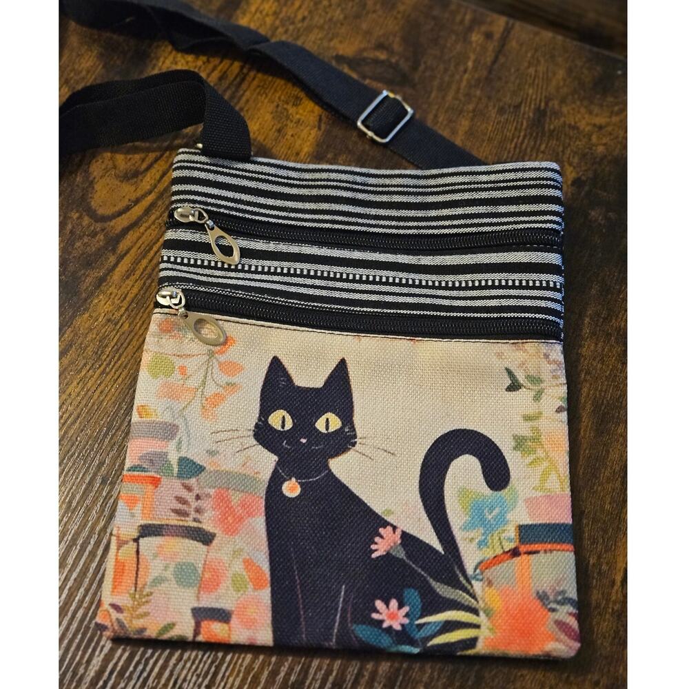 🪶 Boutique Canvas Cat Satchel ~ Black Cat w/ Cute Florals ~ Indie Boho Hippie